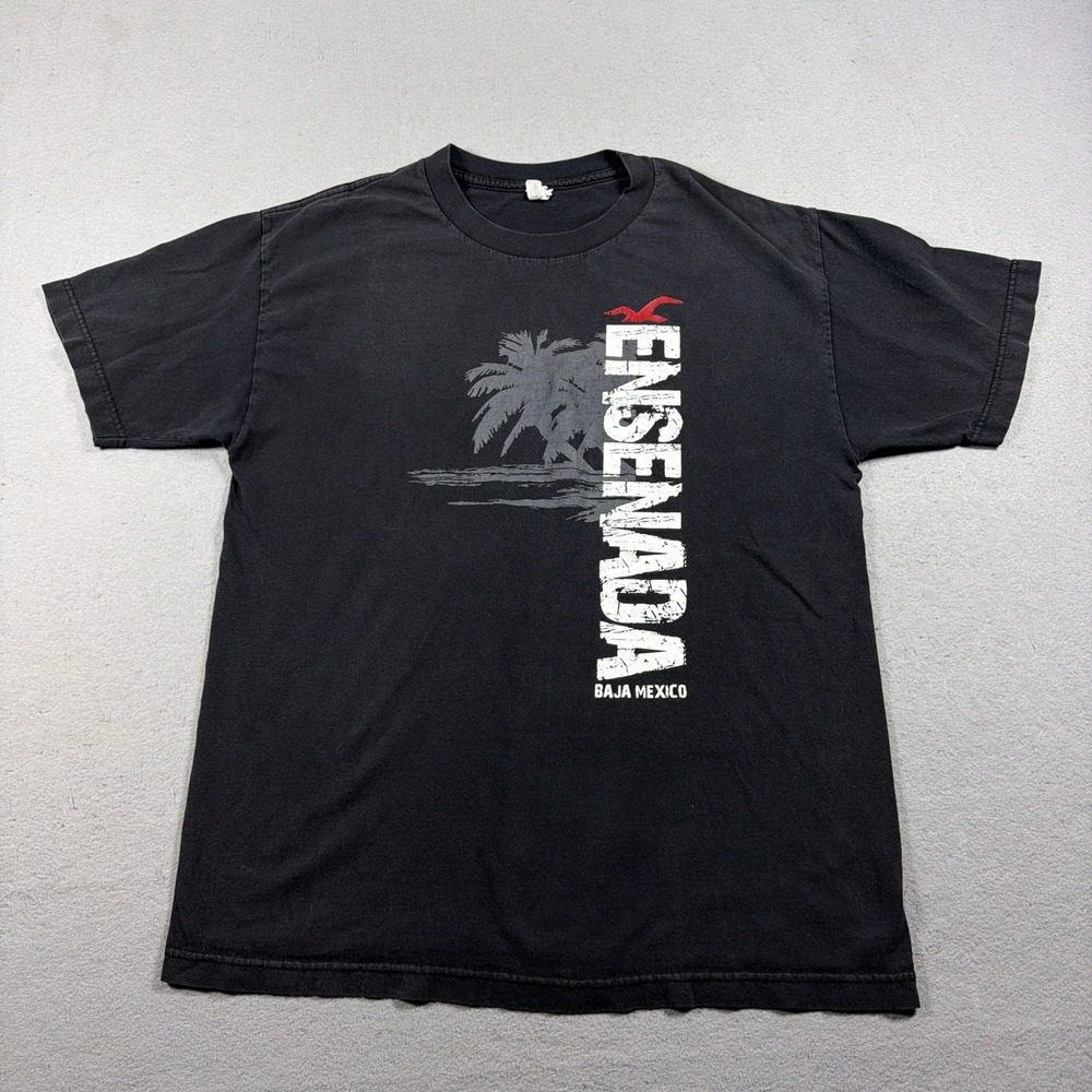 Vintage Ensenada Baja Mexico Men Large Regular Black Graphic T-Shirt Faded‎ Y2k